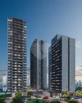 Maquete eletrônica mostrando torres residenciais altas com acabamento em tons escuros e cinza.