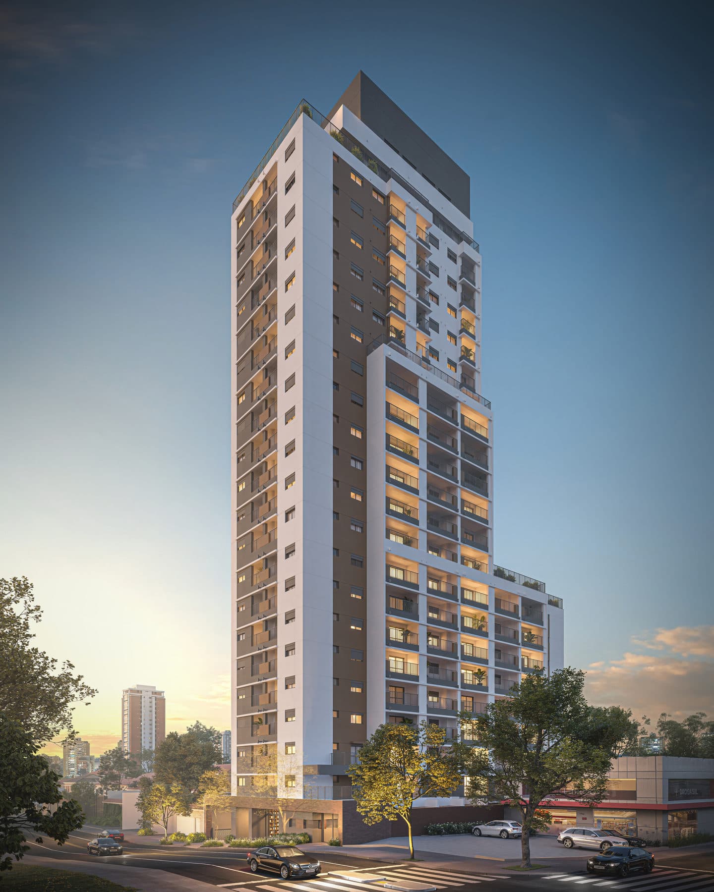 Fachada do edificio residencial de varios andares ao entardecer.