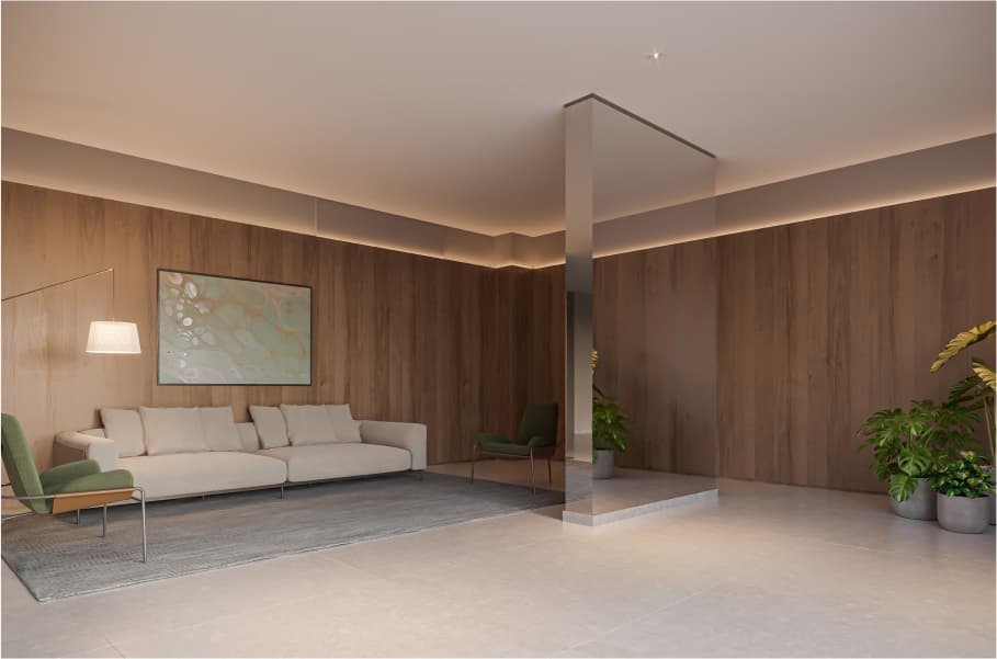 Sala de estar ampla com sofa bege, paredes revestidas em madeira e pilar espelhado.