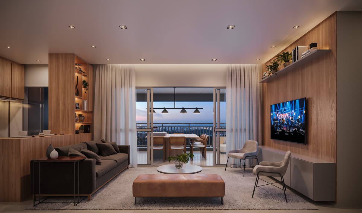 Sala de estar integrada com TV, painel amadeirado, sofá e acesso à varanda.